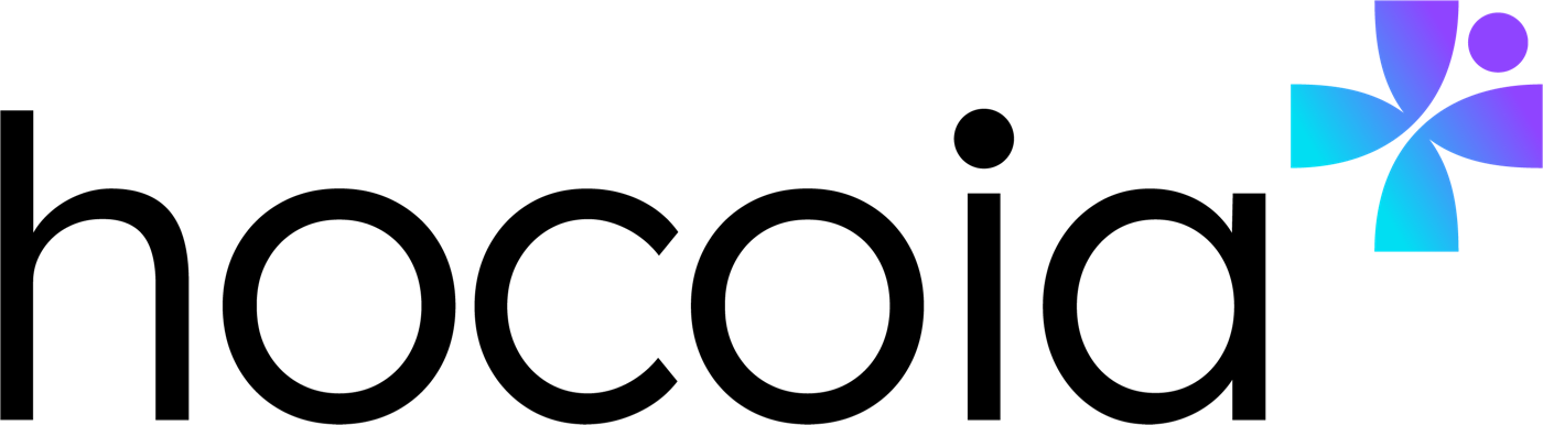 The new Hocoia logo, in black lowercase letters with a cross in a turquoise-to-violet gradient