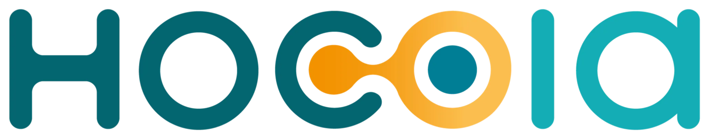 The former Hocoia logo, in rounded letters in petrol blue, orange and turquoise