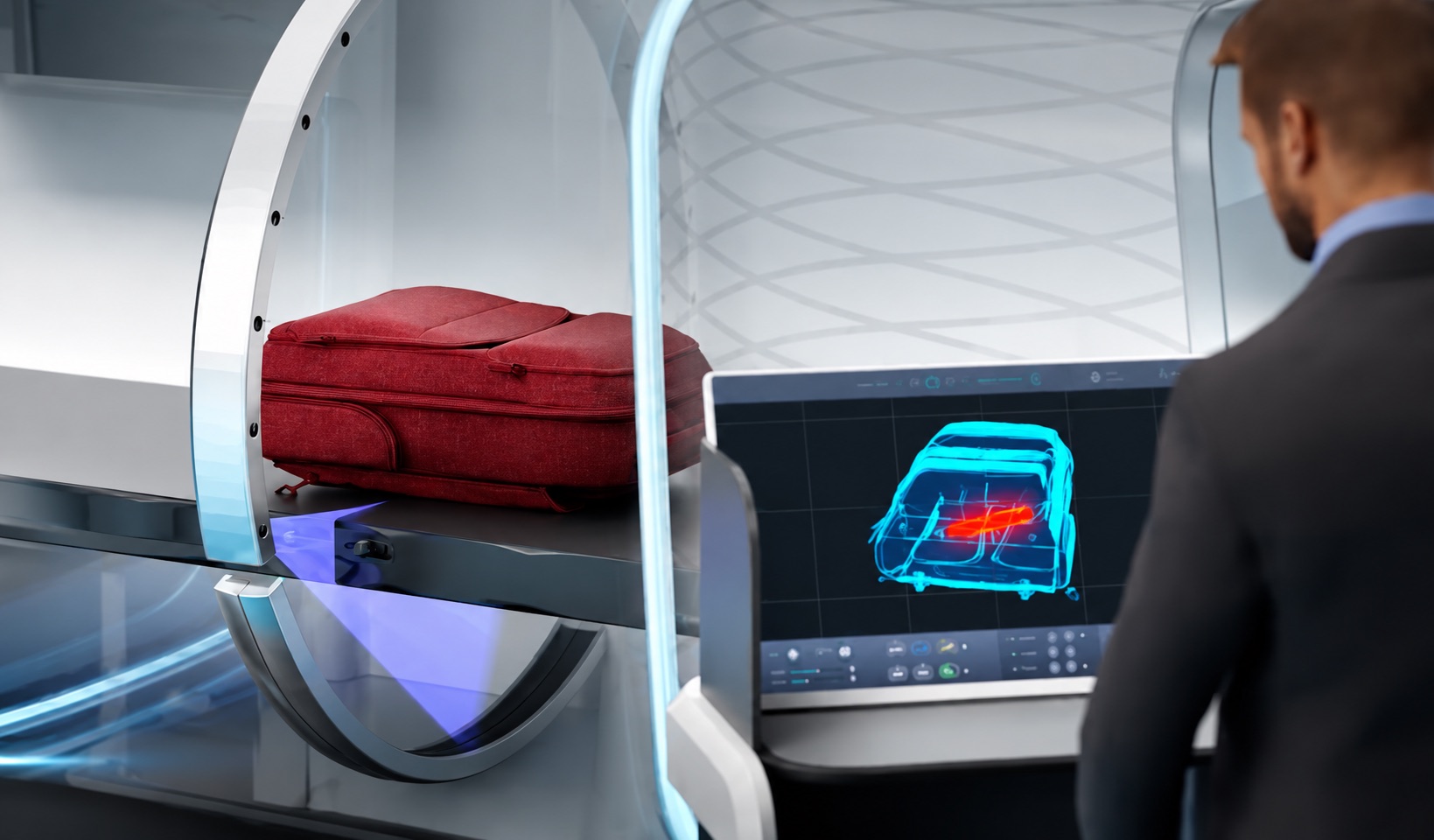 An agent at the scanner screen: a red backpack goes through the tunnel while the screen shows its 3D image in blue, with one item flagged in red